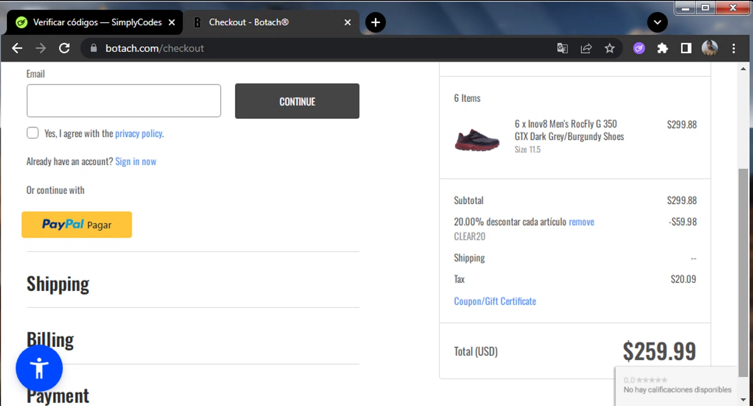 Botach coupon code screenshot showing code CLEAR20 applied at Botach checkout page. Uploaded by SimplyCodes community member enmanuelhernandezRodriguez on Aug 10, 2025