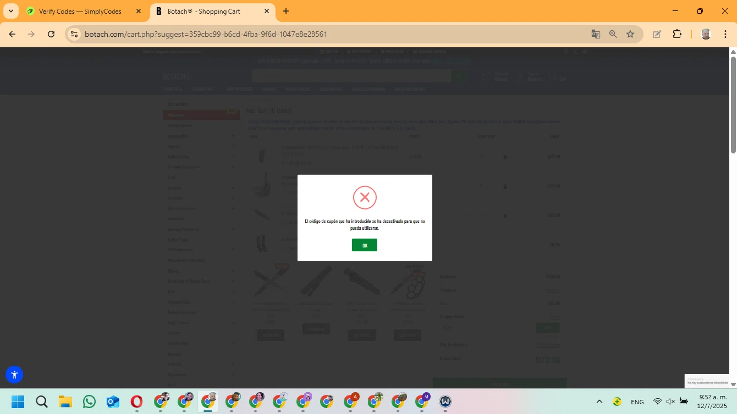Botach coupon code screenshot showing code HL20 applied at Botach checkout page. Uploaded by SimplyCodes community member ManuelF on Jul 12, 2025