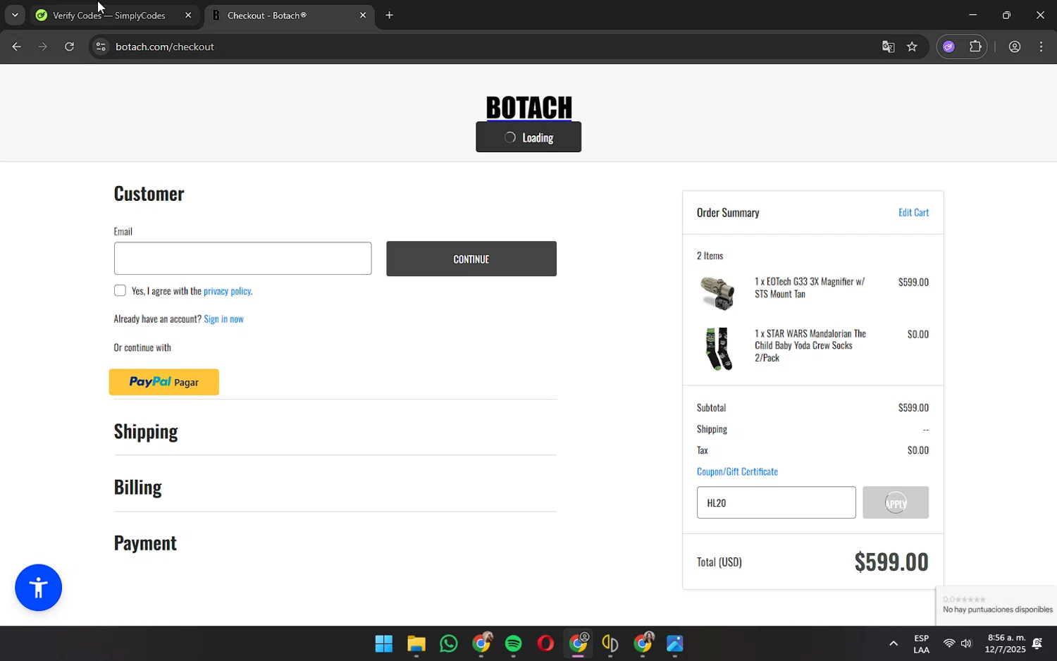 Botach coupon code screenshot showing code HL20 applied at Botach checkout page. Uploaded by SimplyCodes community member wednesday on Jul 12, 2025