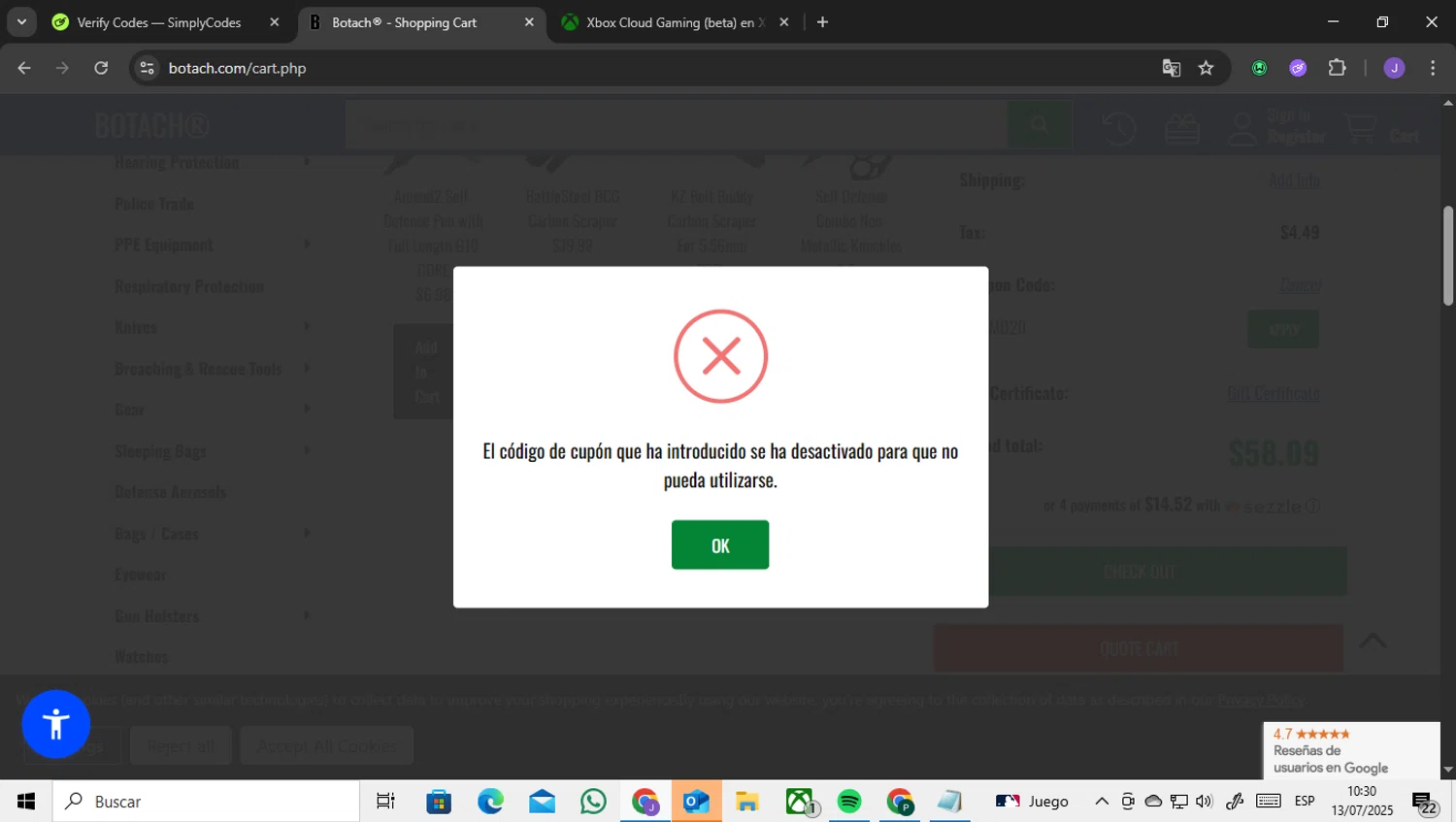 Botach coupon code screenshot showing code AMMO20 applied at Botach checkout page. Uploaded by SimplyCodes community member ENCARAMESSI on Jul 13, 2025