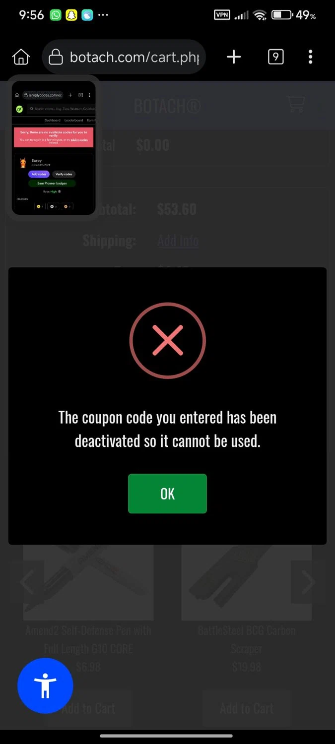 Botach coupon code screenshot showing code AMMO20 applied at Botach checkout page. Uploaded by SimplyCodes community member Enmanuel17 on Jul 13, 2025