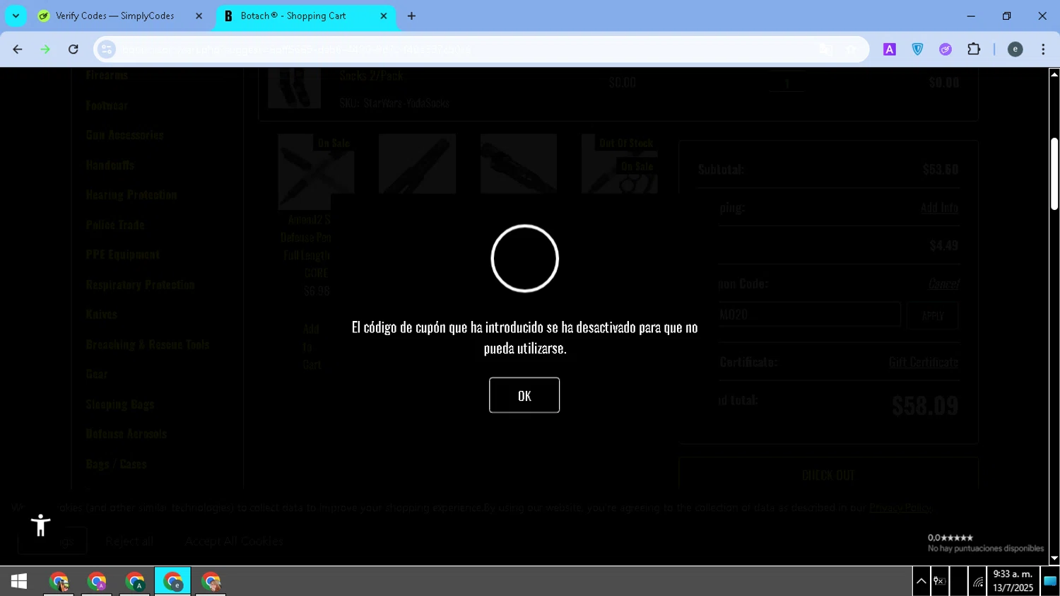 Botach coupon code screenshot showing code AMMO20 applied at Botach checkout page. Uploaded by SimplyCodes community member MightyPro980 on Jul 13, 2025