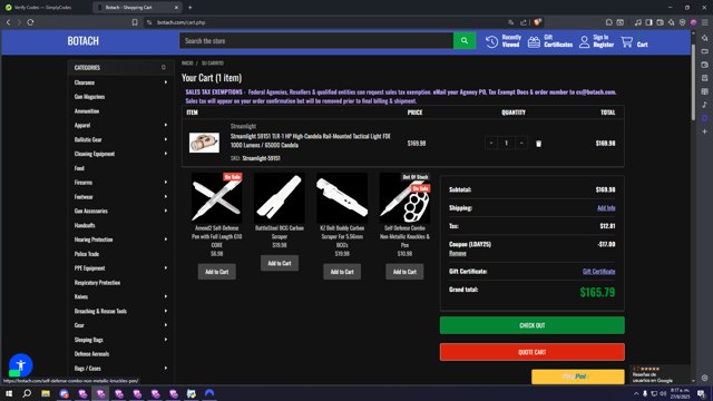Botach checkout page showing Botach coupon code box | Screenshot taken by SimplyCodes community member on Aug 27, 2025
