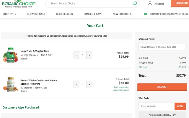 Botanic Choice checkout page showing Botanic Choice promo code box | Screenshot taken by SimplyCodes community member on Aug 6, 2025