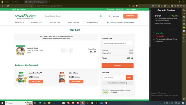 Botanic Choice checkout page showing Botanic Choice promo code box | Screenshot taken by SimplyCodes community member on Jul 18, 2025