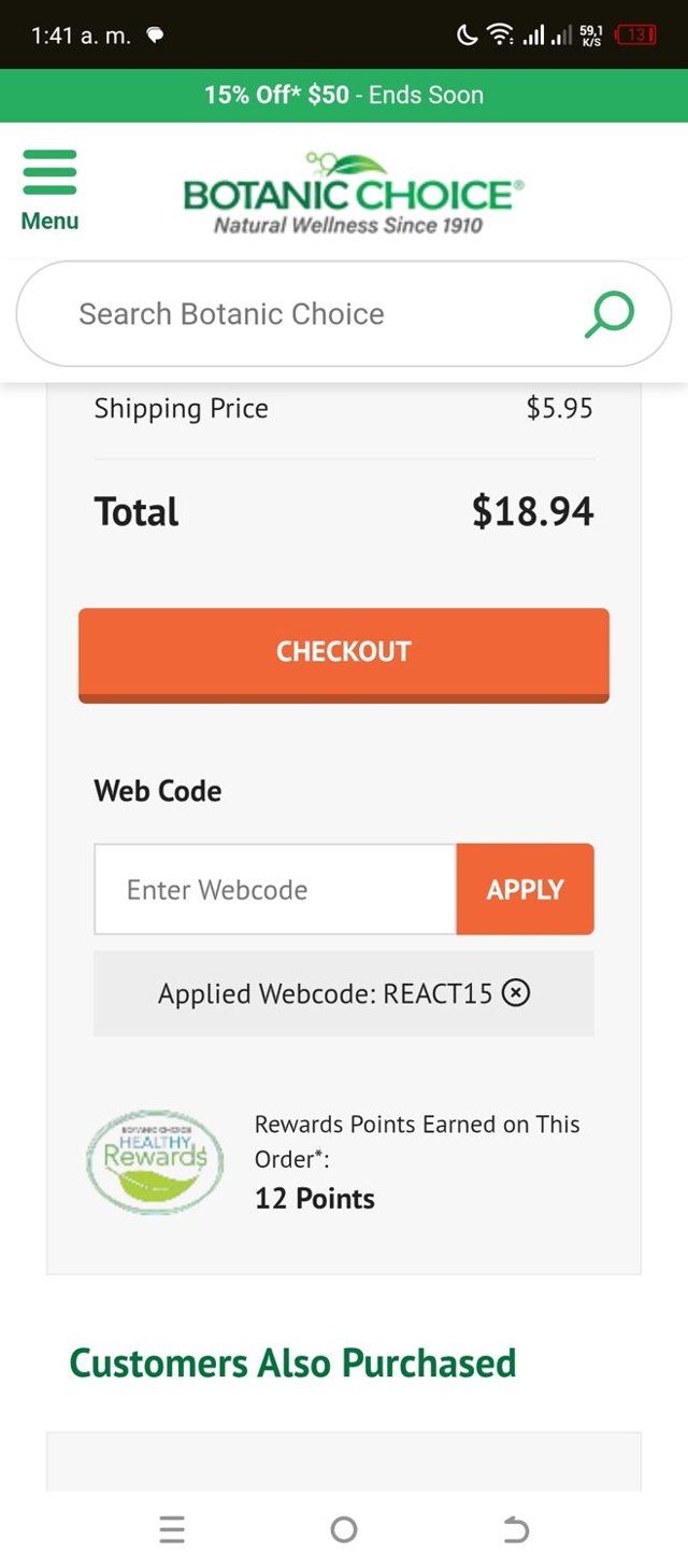 Botanic Choice checkout page showing Botanic Choice promo code box | Screenshot taken by SimplyCodes community member on Aug 6, 2025