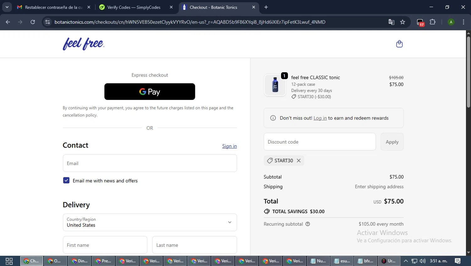 Botanic Tonics discount code screenshot showing code START30 applied at Botanic Tonics checkout page. Uploaded by SimplyCodes community member CashLynx5338 on Nov 20, 2025