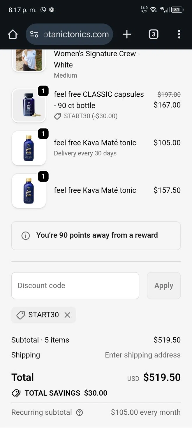 Botanic Tonics discount code screenshot showing code START30 applied at Botanic Tonics checkout page. Uploaded by SimplyCodes community member Luis0101 on Oct 13, 2025