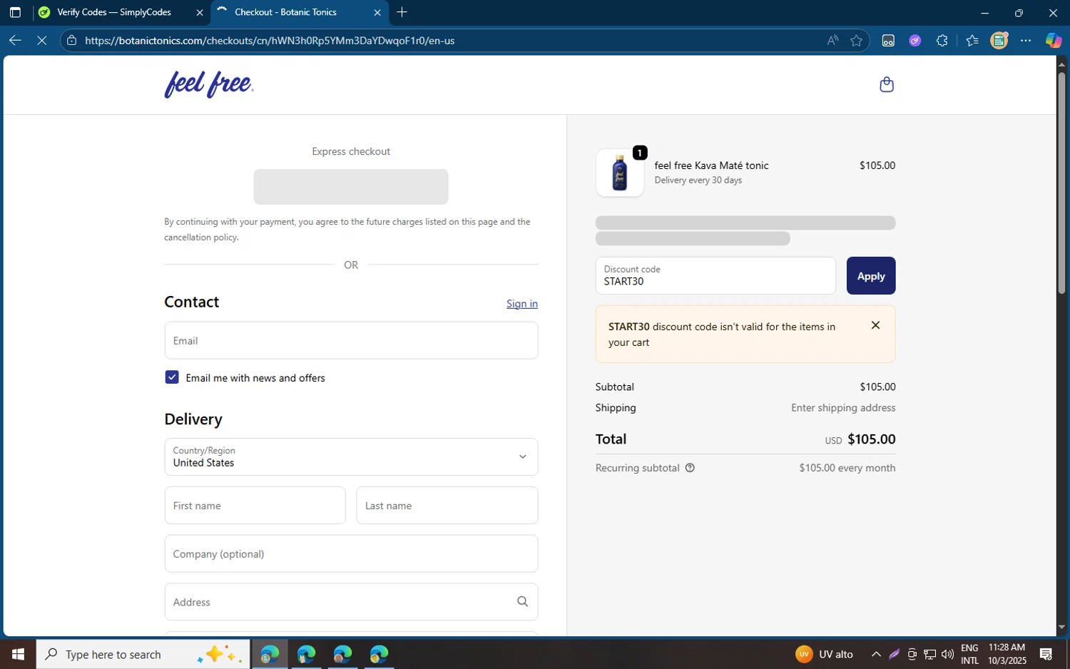 Botanic Tonics discount code screenshot showing code START30 applied at Botanic Tonics checkout page. Uploaded by SimplyCodes community member jvllsk3 on Oct 3, 2025