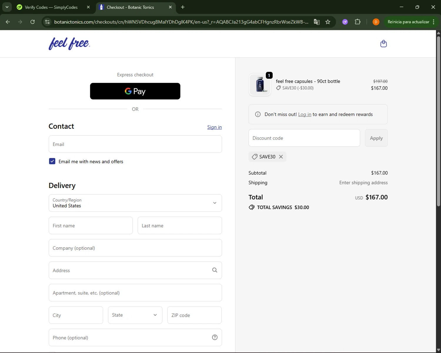 Botanic Tonics discount code screenshot showing code SAVE30 applied at Botanic Tonics checkout page. Uploaded by SimplyCodes community member FrugalFalcon351 on Nov 20, 2025