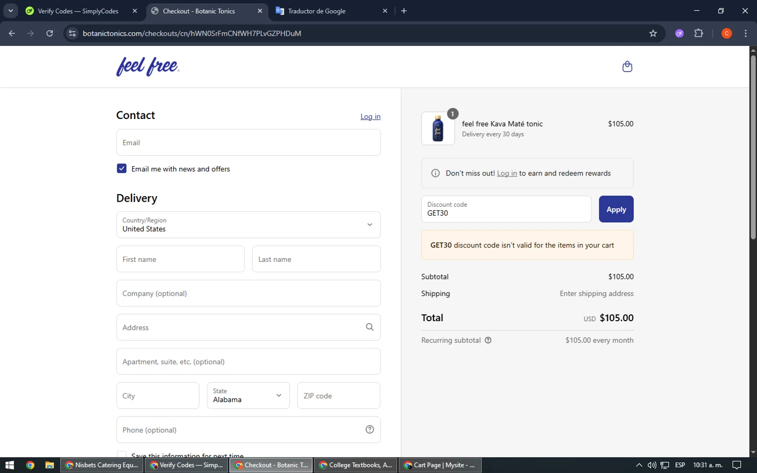 Botanic Tonics discount code screenshot showing code GET30 applied at Botanic Tonics checkout page. Uploaded by SimplyCodes community member RoyalHawk6408 on Jul 10, 2025
