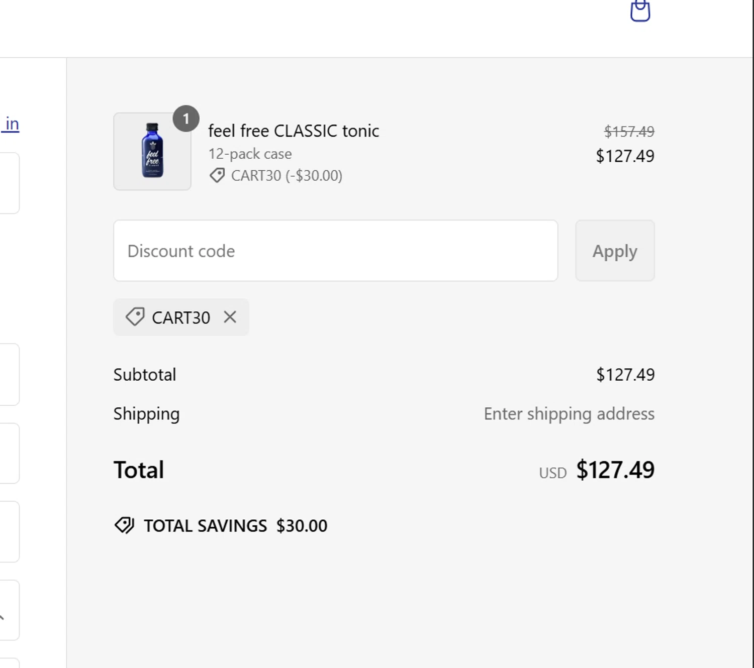 Botanic Tonics discount code screenshot showing code CART30 applied at Botanic Tonics checkout page. Uploaded by SimplyCodes community member Lisboa on Feb 22, 2025