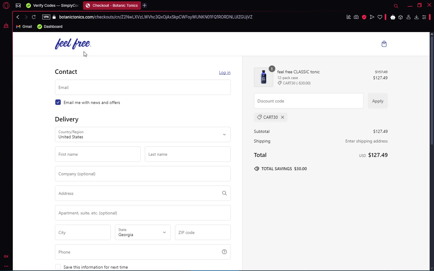 Botanic Tonics discount code screenshot showing code CART30 applied at Botanic Tonics checkout page. Uploaded by SimplyCodes community member VoucherAce8469 on Jan 24, 2025