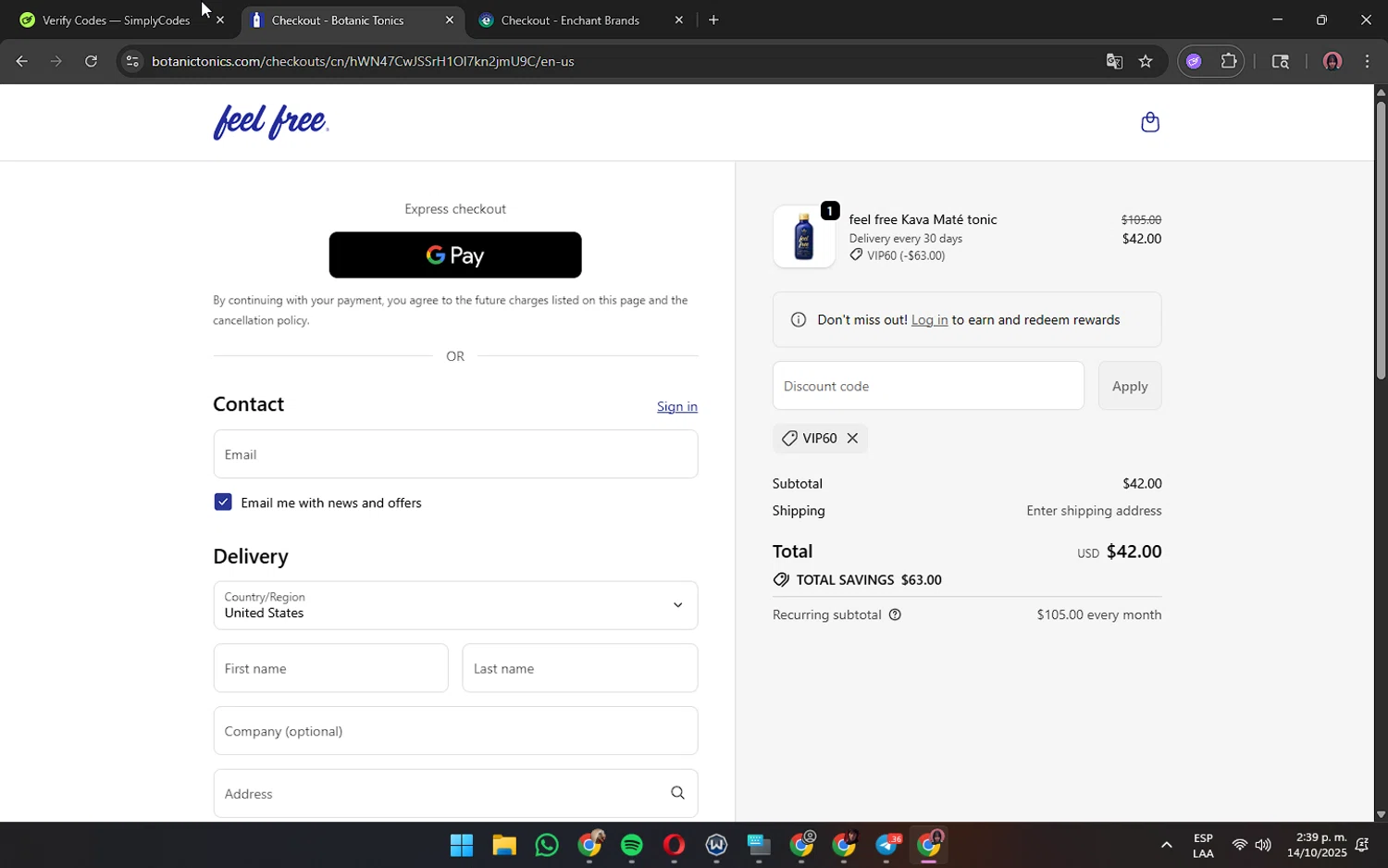 Botanic Tonics discount code screenshot showing code VIP60 applied at Botanic Tonics checkout page. Uploaded by SimplyCodes community member ShrewdPilot3521 on Oct 14, 2025