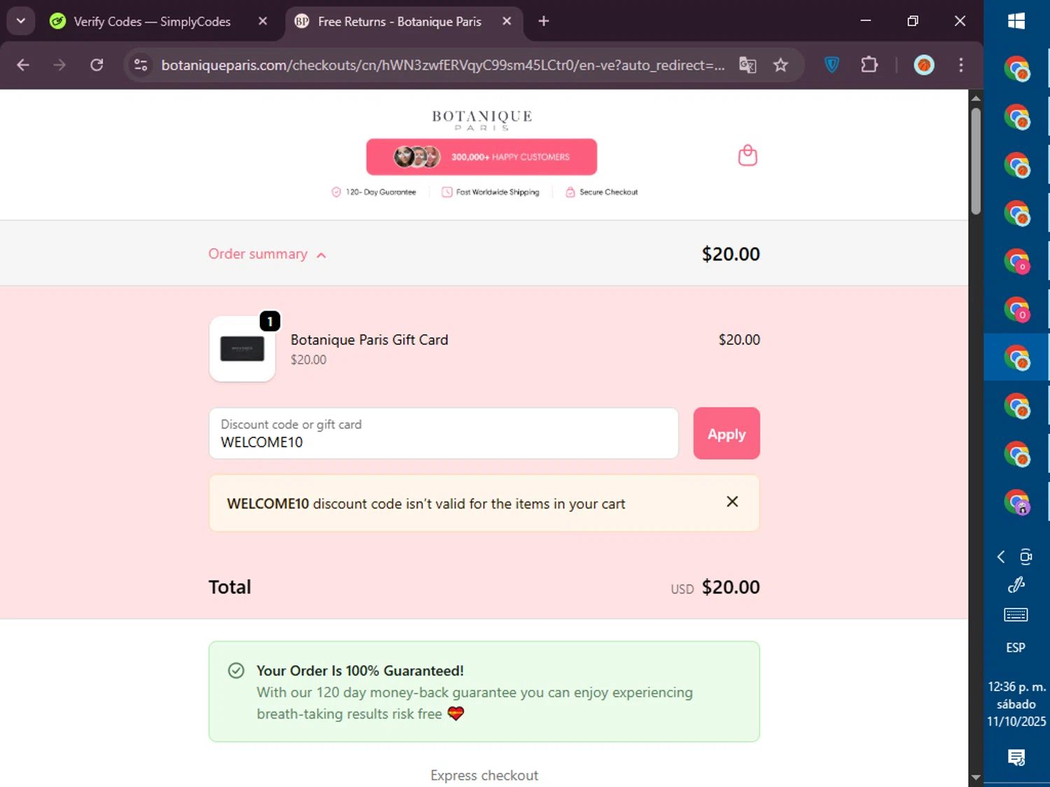 Botanique Paris discount code screenshot showing code WELCOME10 applied at Botanique Paris checkout page. Uploaded by SimplyCodes community member PromoVoyager8446 on Oct 11, 2025