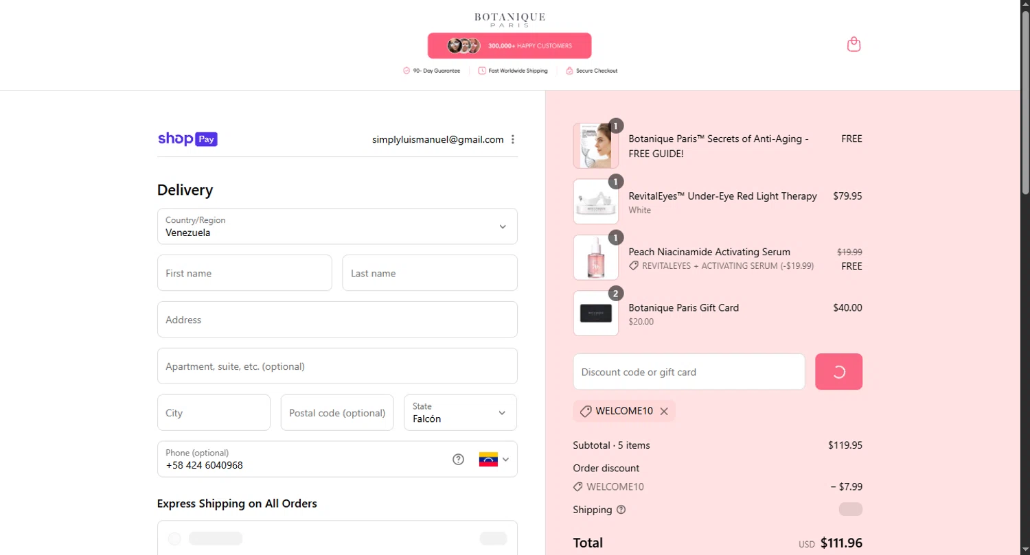 Botanique Paris discount code screenshot showing code WELCOME10 applied at Botanique Paris checkout page. Uploaded by SimplyCodes community member WoskalRevenge on Aug 18, 2025