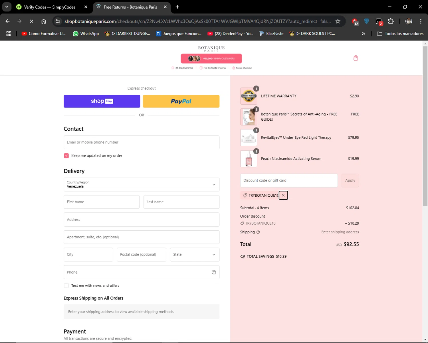 Botanique Paris discount code screenshot showing code TRYBOTANIQUE10 applied at Botanique Paris checkout page. Uploaded by SimplyCodes community member MiauMiau on Feb 15, 2025