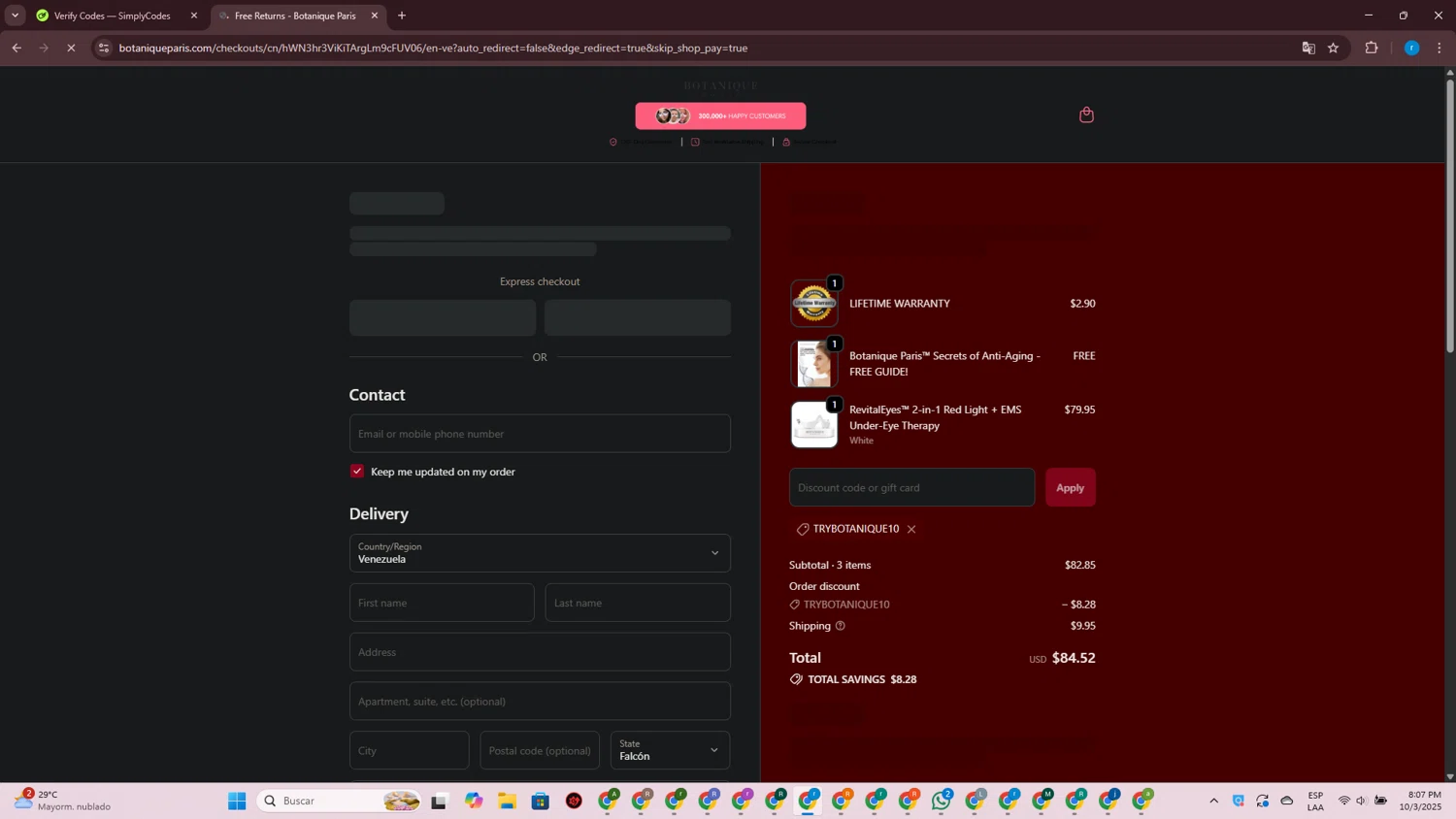 Botanique Paris discount code screenshot showing code TRYBOTANIQUE10 applied at Botanique Paris checkout page. Uploaded by SimplyCodes community member CouponPhoenix3444 on Oct 4, 2025