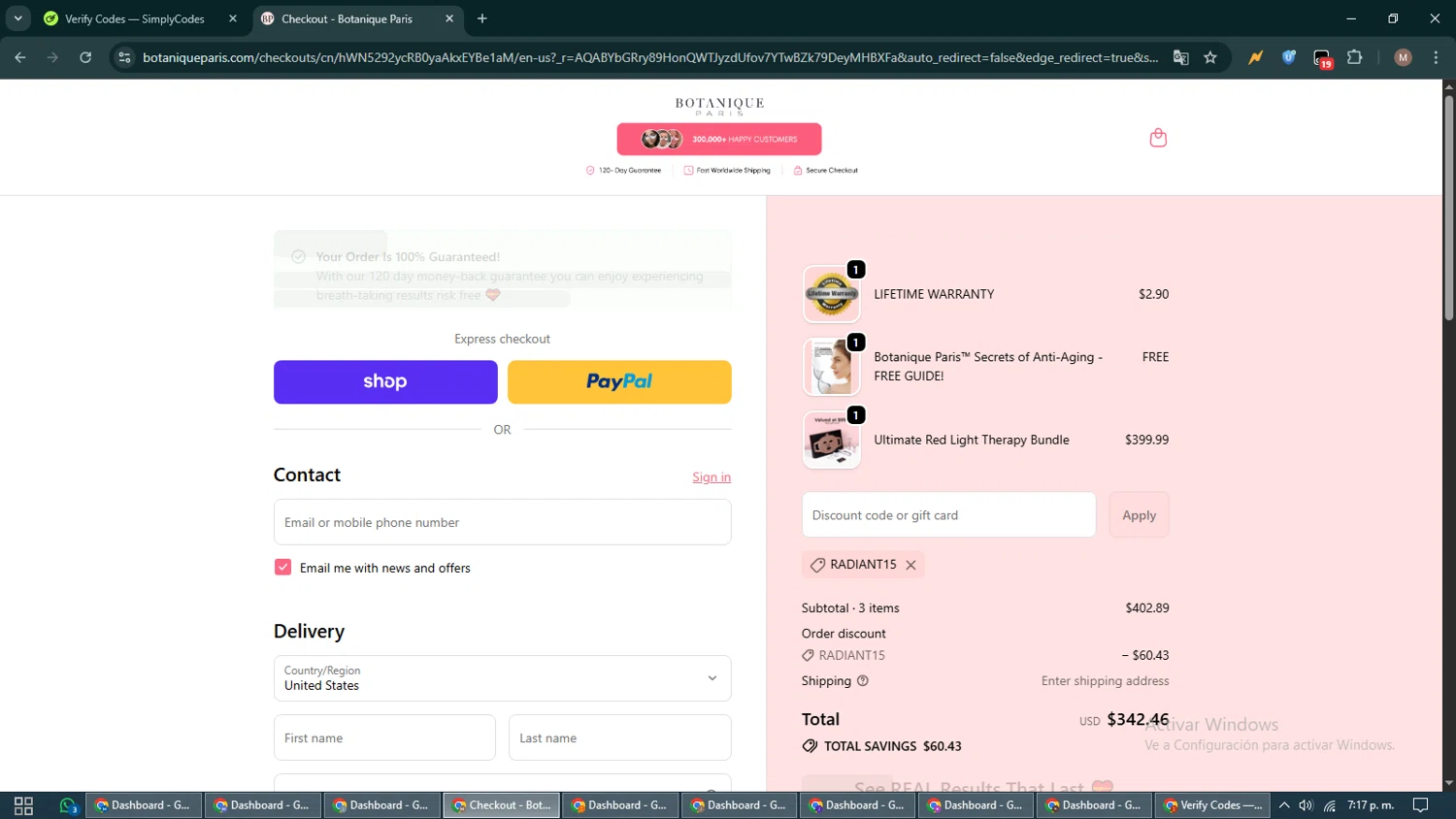 Botanique Paris discount code screenshot showing code RADIANT15 applied at Botanique Paris checkout page. Uploaded by SimplyCodes community member DiscountTitan4635 on Nov 7, 2025