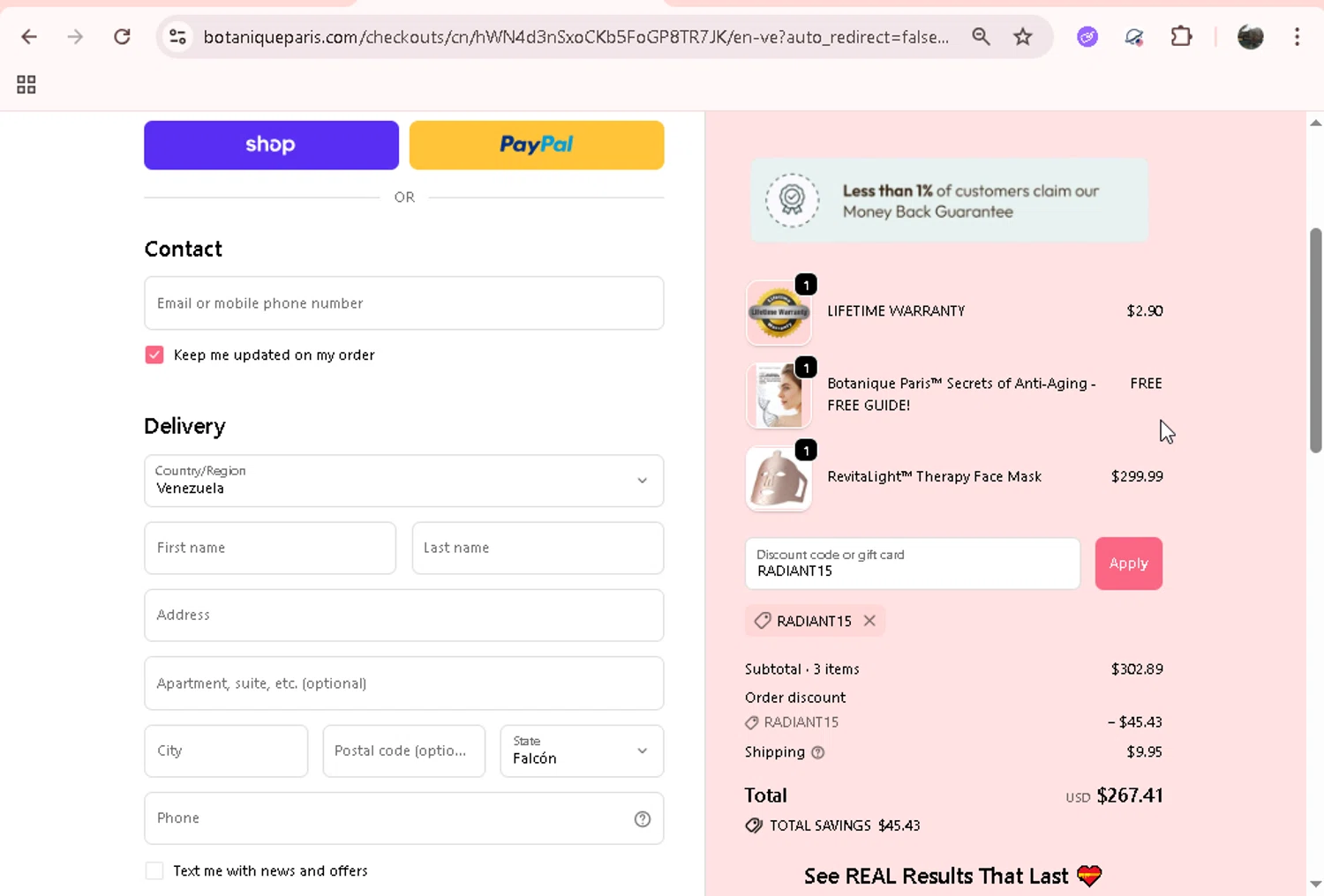 Botanique Paris discount code screenshot showing code RADIANT15 applied at Botanique Paris checkout page. Uploaded by SimplyCodes community member JASTIFY on Oct 28, 2025