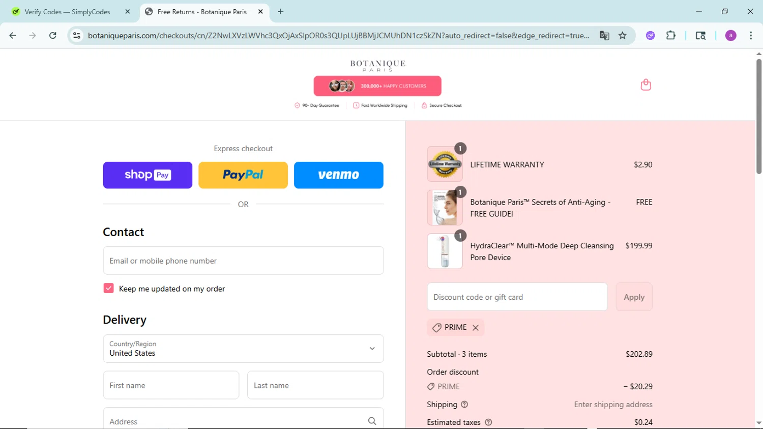 Botanique Paris discount code screenshot showing code PRIME applied at Botanique Paris checkout page. Uploaded by SimplyCodes community member PennyBoss9589 on Jul 8, 2025