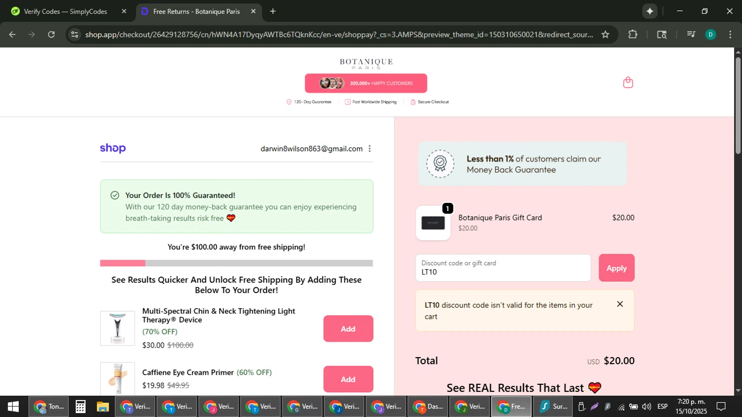 Botanique Paris discount code screenshot showing code LT10 applied at Botanique Paris checkout page. Uploaded by SimplyCodes community member ThriftyLion6776 on Oct 15, 2025