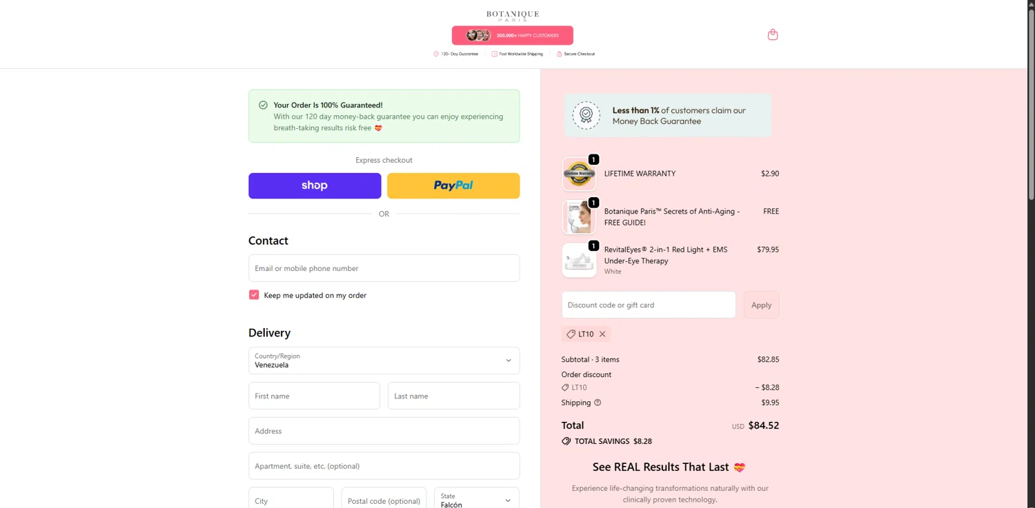 Botanique Paris discount code screenshot showing code LT10 applied at Botanique Paris checkout page. Uploaded by SimplyCodes community member ValueGenius9720 on Oct 28, 2025