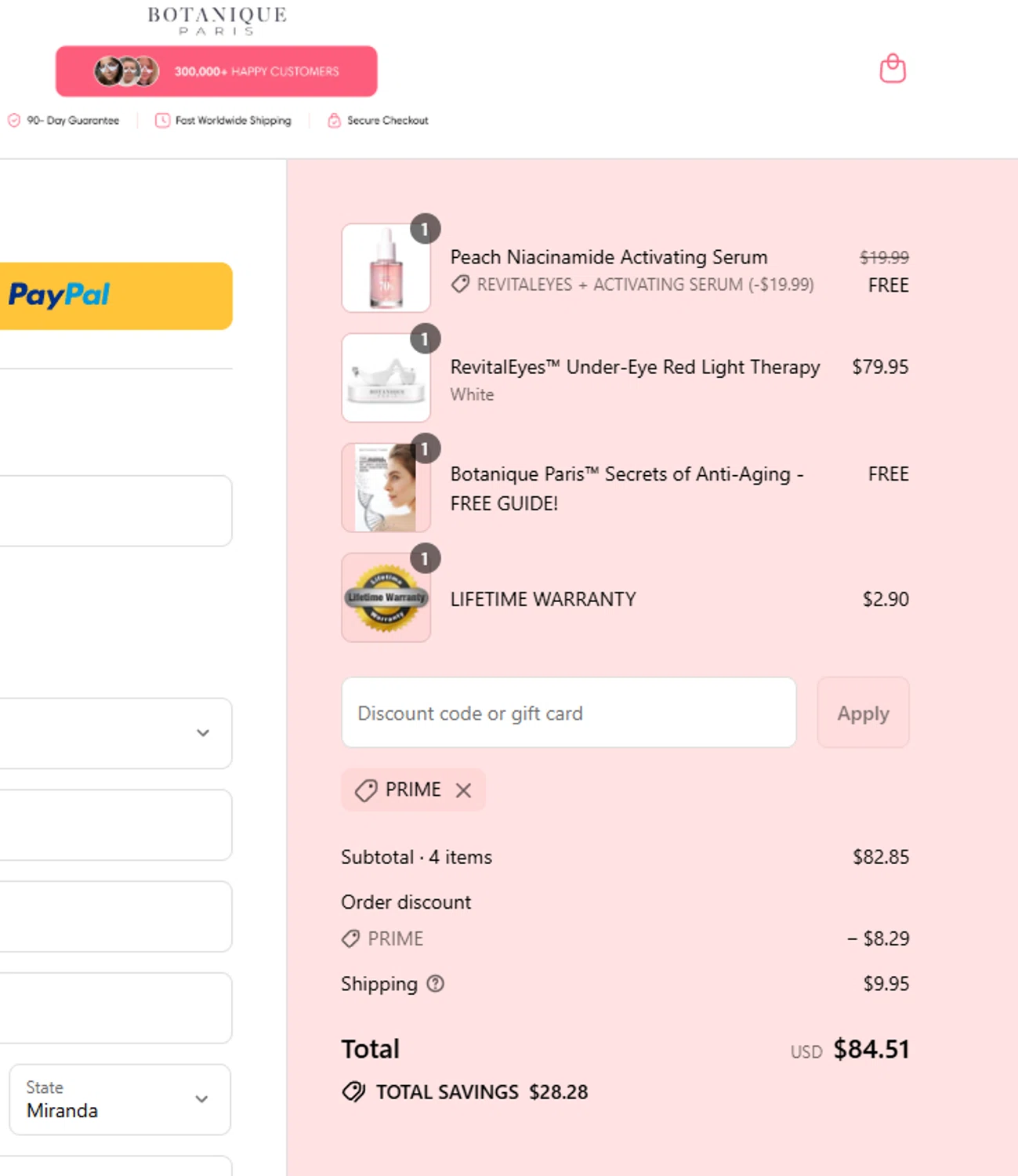 Botanique Paris discount code screenshot showing code PRIME applied at Botanique Paris checkout page. Uploaded by SimplyCodes community member aumentadax10 on Jul 8, 2025