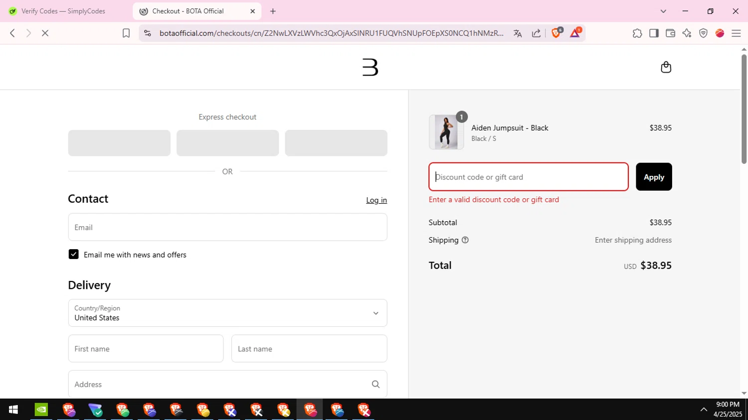 BOTA Official discount code screenshot showing code FLORENTINA applied at BOTA Official checkout page. Uploaded by SimplyCodes community member ValueFox5508 on Apr 26, 2025
