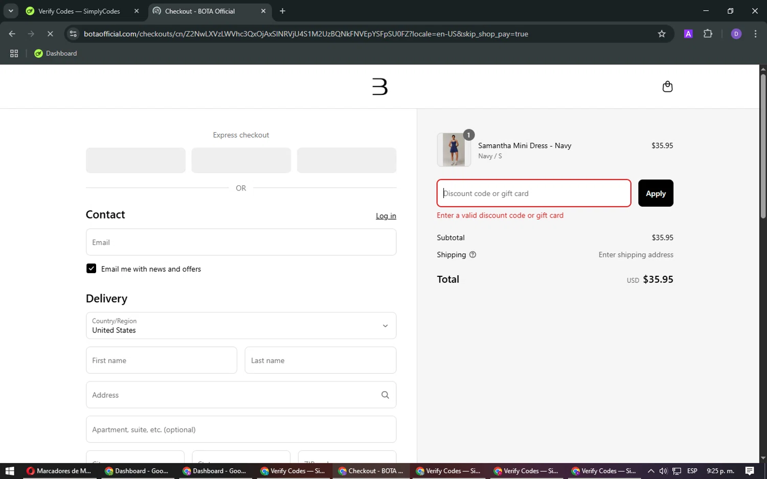 BOTA Official discount code screenshot showing code FLORENTINA applied at BOTA Official checkout page. Uploaded by SimplyCodes community member CashSleuth4660 on Apr 26, 2025