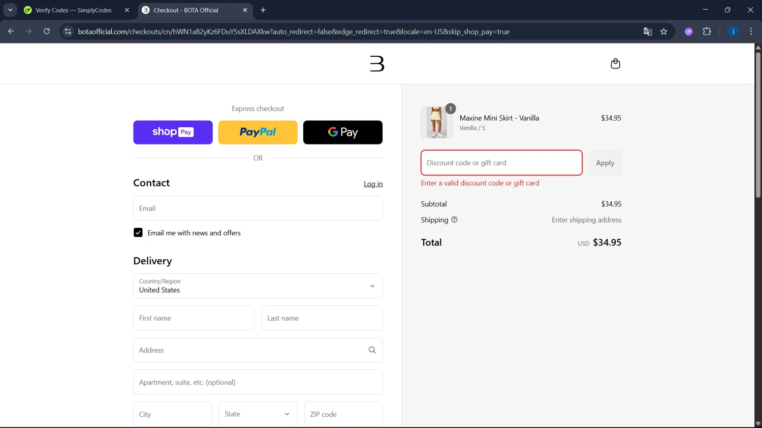 BOTA Official discount code screenshot showing code JORDANDEEN10 applied at BOTA Official checkout page. Uploaded by SimplyCodes community member CodeSaver4373 on Aug 9, 2025