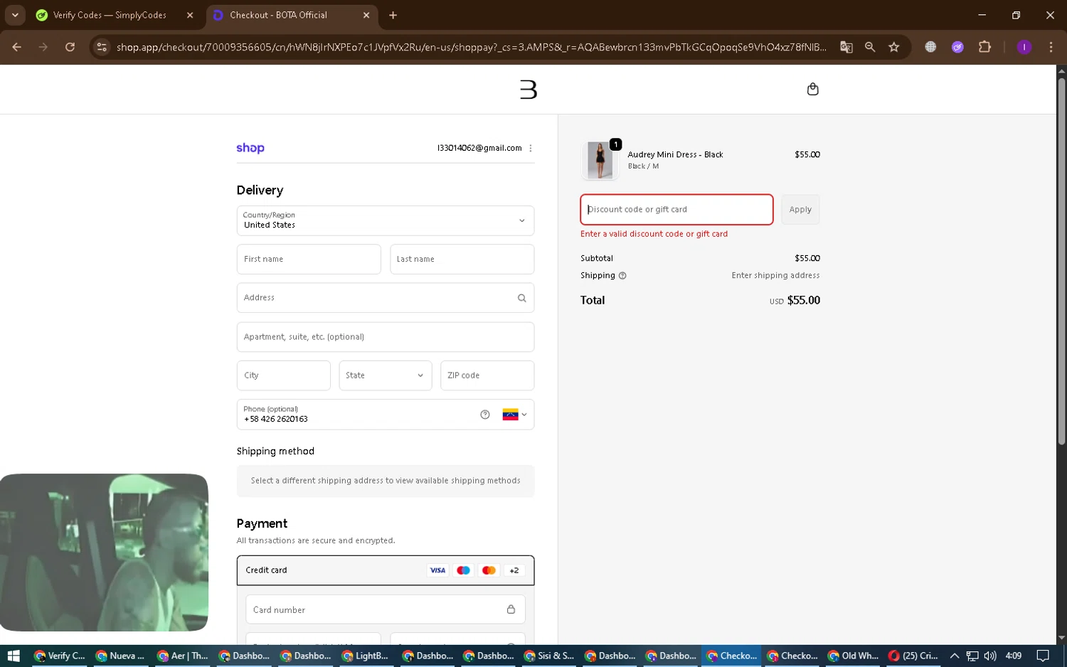 BOTA Official discount code screenshot showing code XMAS applied at BOTA Official checkout page. Uploaded by SimplyCodes community member ChinoYugi on Feb 13, 2026