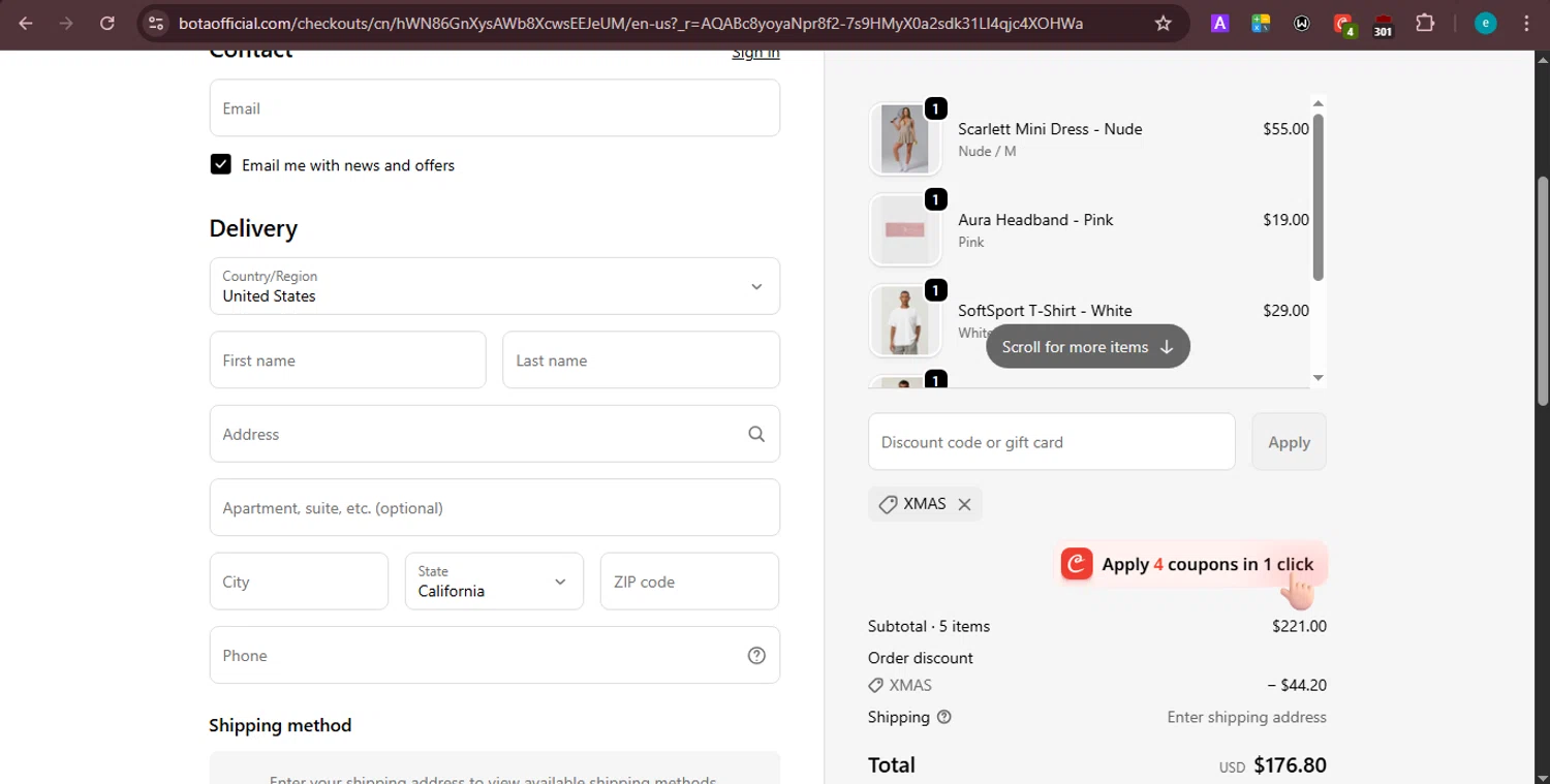 BOTA Official discount code screenshot showing code XMAS applied at BOTA Official checkout page. Uploaded by SimplyCodes community member PrincessCoupon on Jan 27, 2026