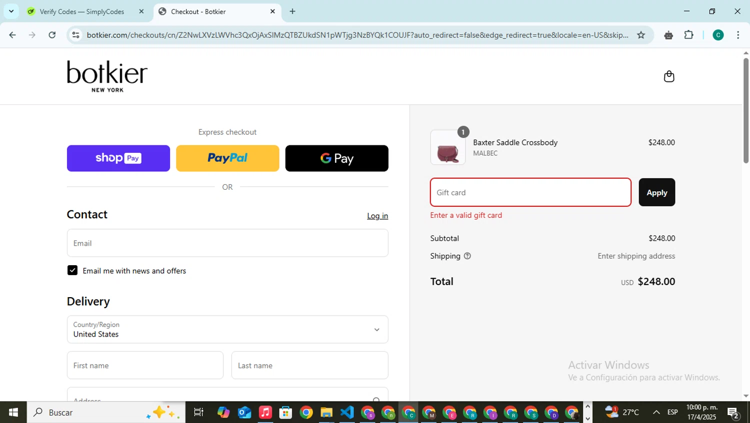 Botkier promo code screenshot showing code botkierinmybag applied at Botkier checkout page. Uploaded by SimplyCodes community member BonusPilot927 on Apr 18, 2025