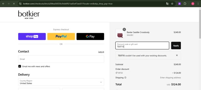 Botkier checkout page showing Botkier promo code box | Screenshot taken by SimplyCodes community member on Feb 11, 2025
