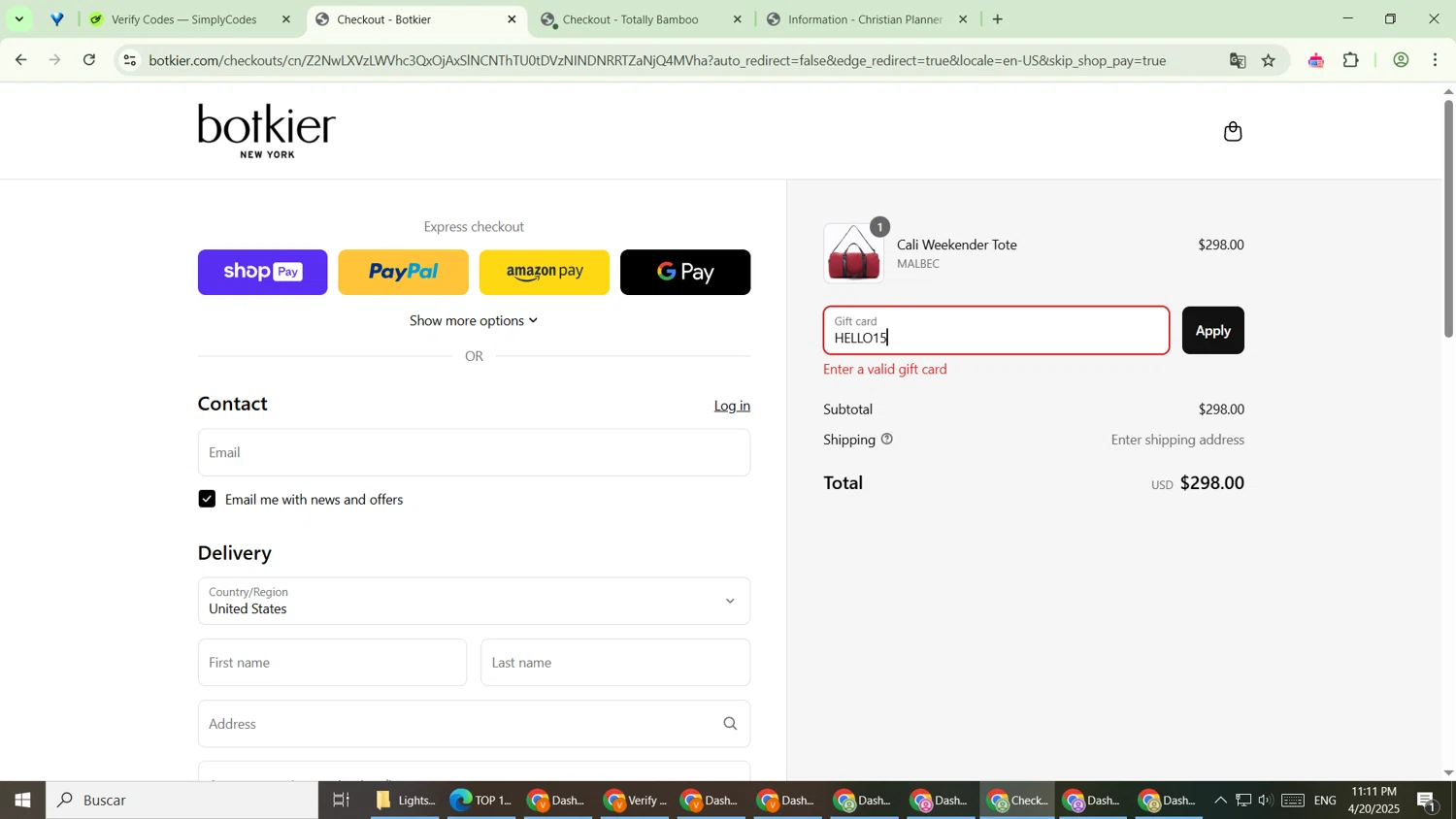 Botkier promo code screenshot showing code HELLO15 applied at Botkier checkout page. Uploaded by SimplyCodes community member VoucherPilot9919 on Apr 21, 2025