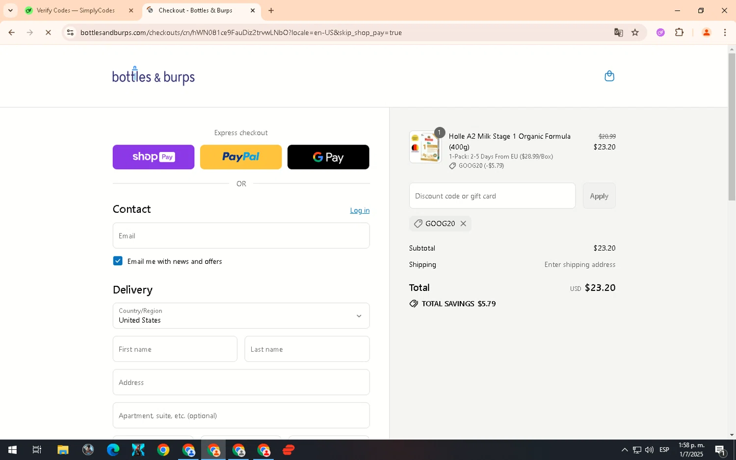 Bottles & Burps promo code screenshot showing code GOOG20 applied at Bottles & Burps checkout page. Uploaded by SimplyCodes community member GloriousSpotter8024 on Jul 1, 2025