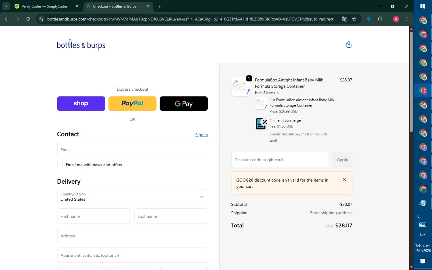 Bottles & Burps checkout page showing Bottles & Burps promo code box | Screenshot taken by SimplyCodes community member on Jan 15, 2026