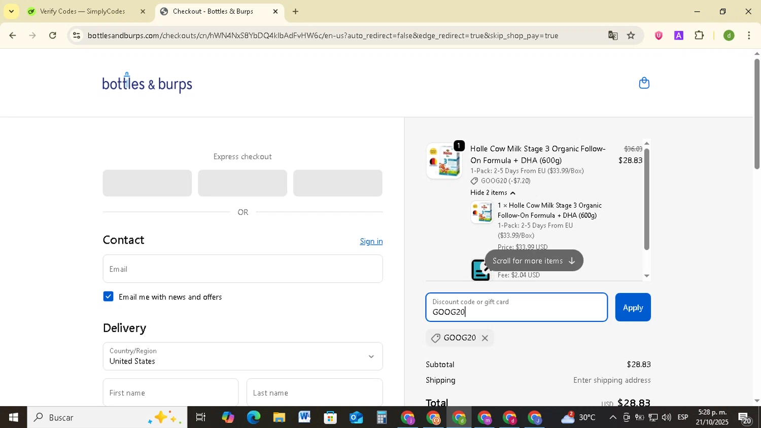 Bottles & Burps promo code screenshot showing code GOOG20 applied at Bottles & Burps checkout page. Uploaded by SimplyCodes community member SavingsSentinel833 on Oct 21, 2025