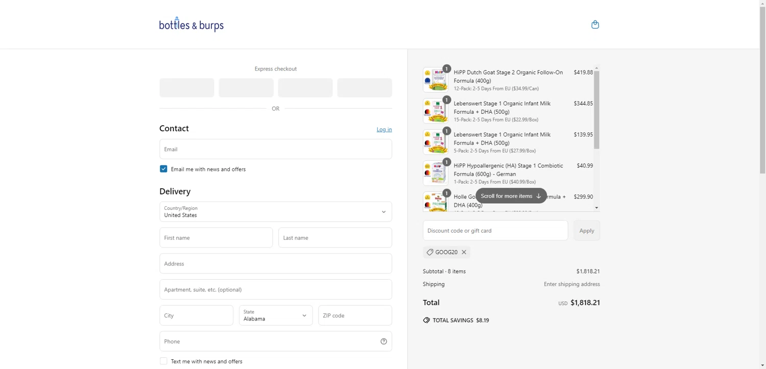 Bottles & Burps promo code screenshot showing code GOOG20 applied at Bottles & Burps checkout page. Uploaded by SimplyCodes community member ValueWarden2887 on Jun 10, 2025