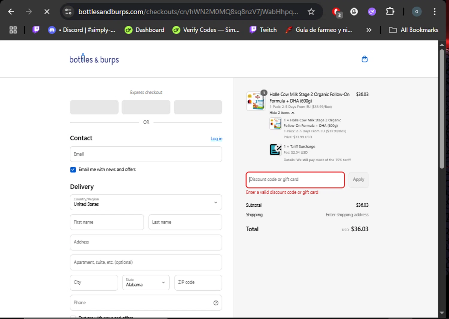 Bottles & Burps promo code screenshot showing code STOCKUP2025 applied at Bottles & Burps checkout page. Uploaded by SimplyCodes community member DealHero3744 on Aug 29, 2025