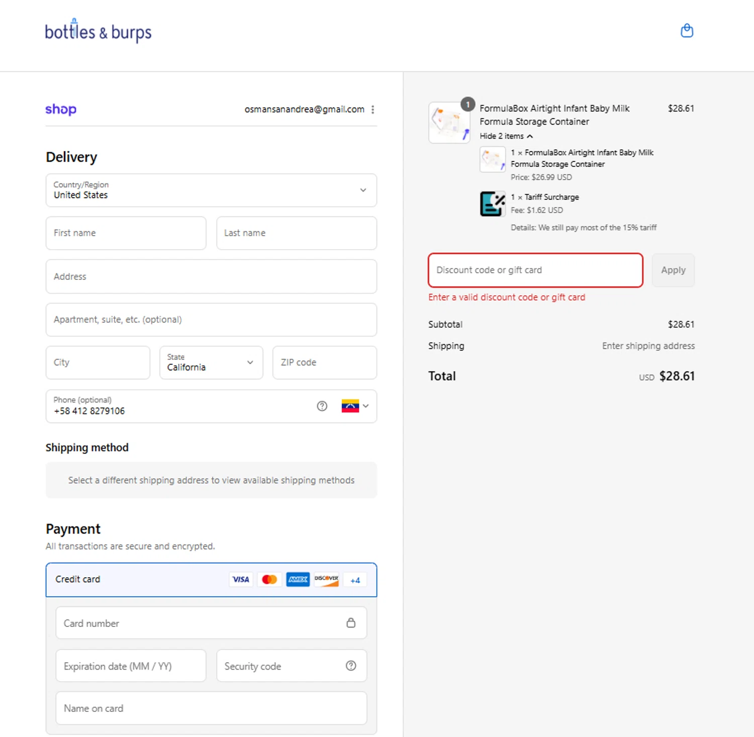 Bottles & Burps promo code screenshot showing code STOCKUP2025 applied at Bottles & Burps checkout page. Uploaded by SimplyCodes community member Yonaikeryriarte08 on Aug 29, 2025