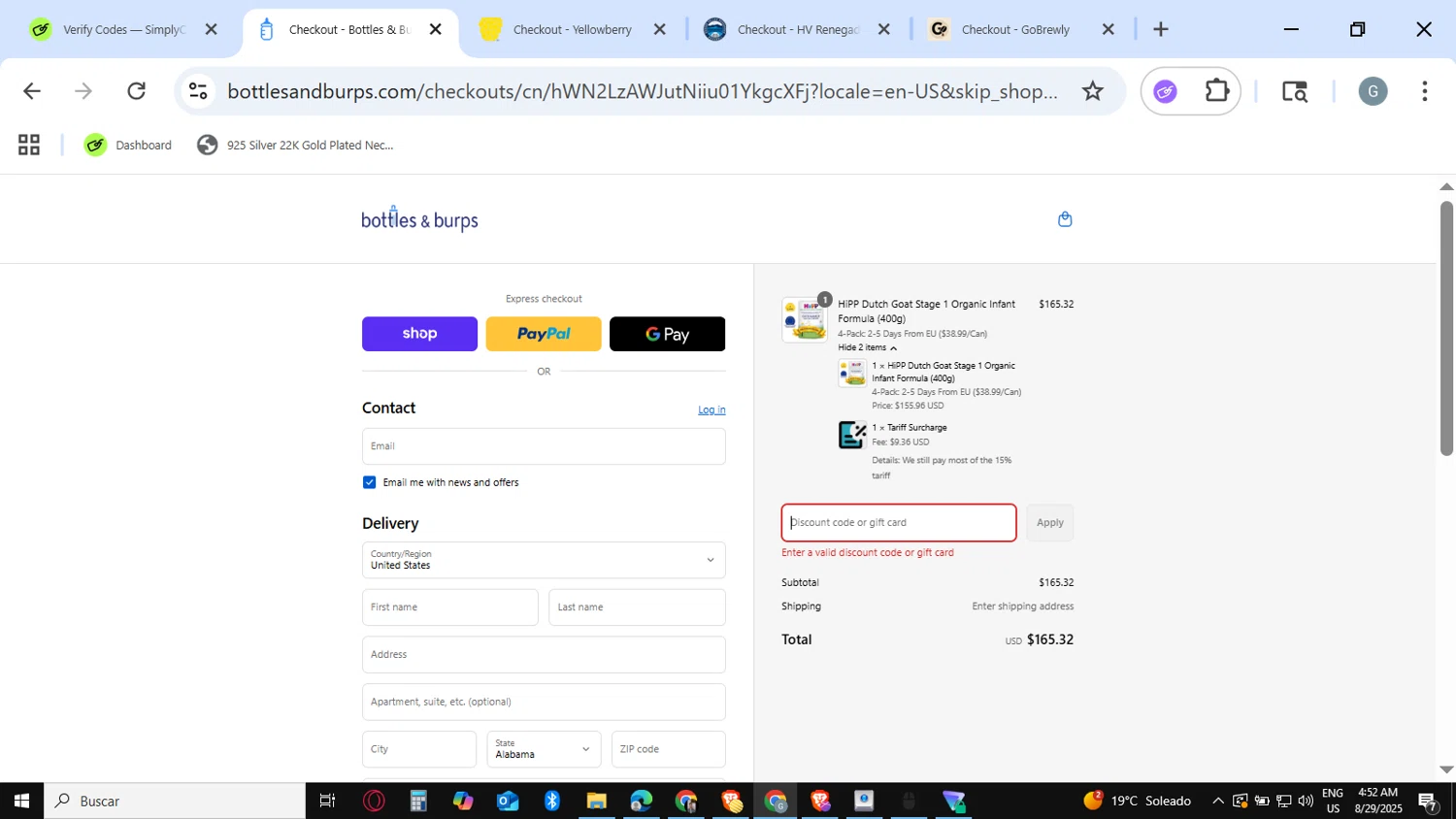 Bottles & Burps promo code screenshot showing code STOCKUP2025 applied at Bottles & Burps checkout page. Uploaded by SimplyCodes community member guest_623525963 on Aug 29, 2025