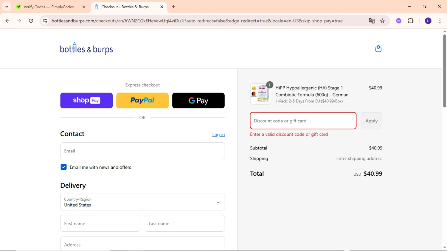 Bottles & Burps promo code screenshot showing code HOLLELEBENSWERT15 applied at Bottles & Burps checkout page. Uploaded by SimplyCodes community member EpicWarden3081 on Aug 25, 2025