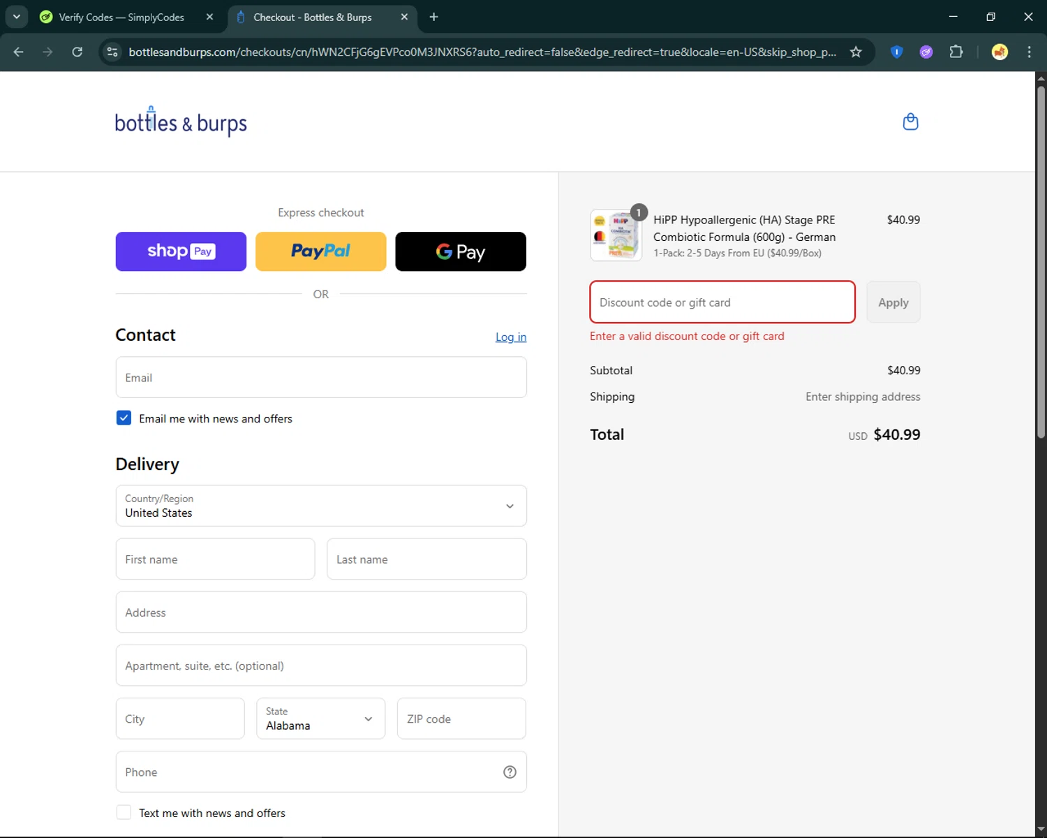 Bottles & Burps promo code screenshot showing code HOLLELEBENSWERT15 applied at Bottles & Burps checkout page. Uploaded by SimplyCodes community member SmartFinder4193 on Aug 25, 2025