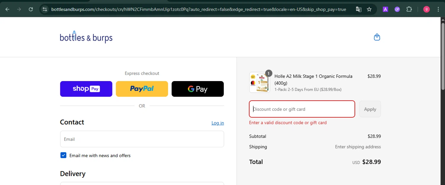 Bottles & Burps promo code screenshot showing code OVER300OFF30 applied at Bottles & Burps checkout page. Uploaded by SimplyCodes community member MoneyFalcon481 on Aug 25, 2025