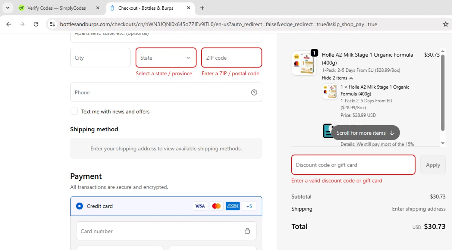 Bottles & Burps promo code screenshot showing code FALL10 applied at Bottles & Burps checkout page. Uploaded by SimplyCodes community member Mykeanderon on Sep 23, 2025