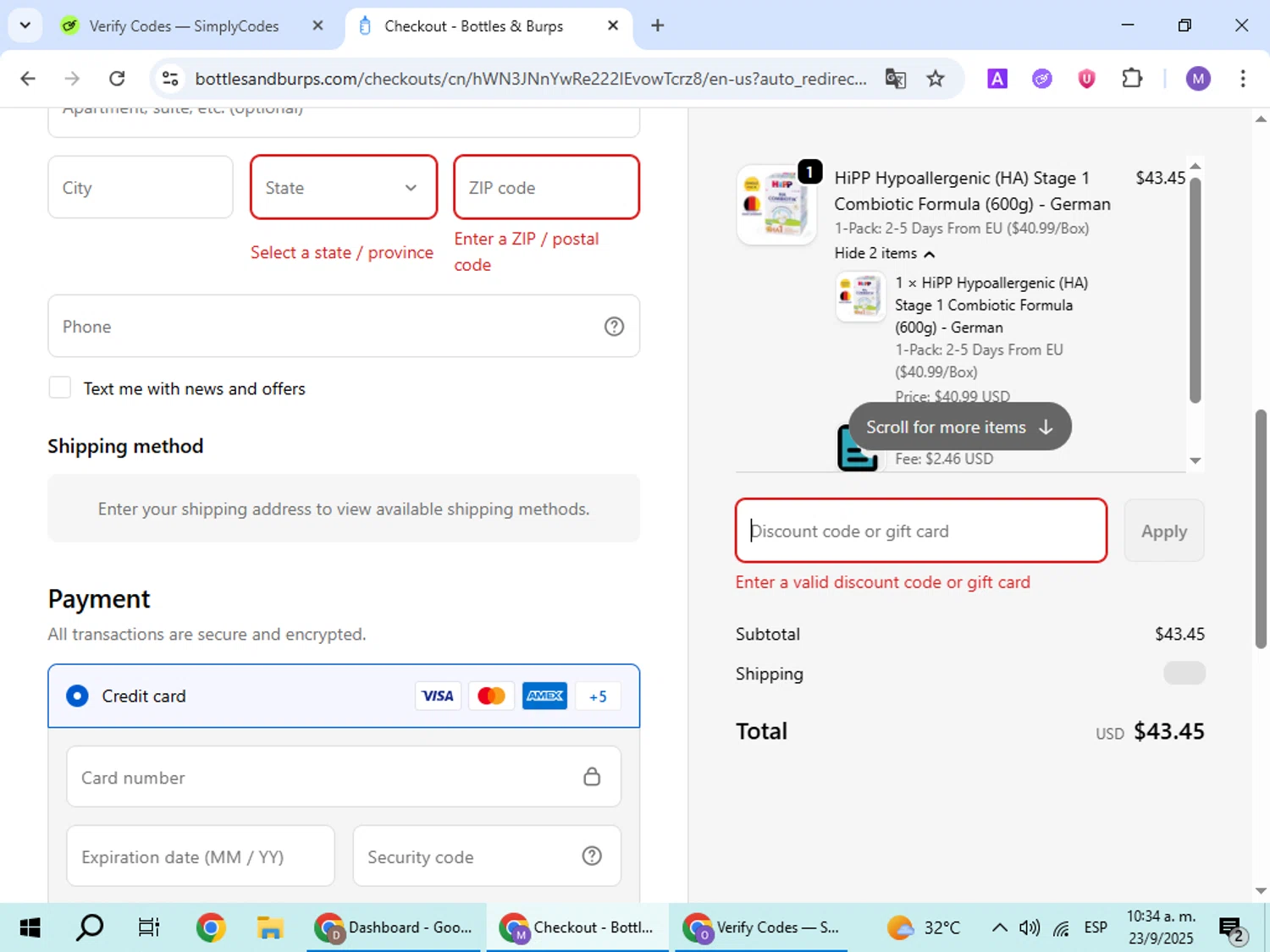 Bottles & Burps promo code screenshot showing code FALL10 applied at Bottles & Burps checkout page. Uploaded by SimplyCodes community member VoucherScout6115 on Sep 23, 2025