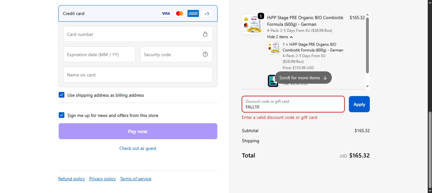 Bottles & Burps promo code screenshot showing code FALL10 applied at Bottles & Burps checkout page. Uploaded by SimplyCodes community member noworries on Sep 23, 2025