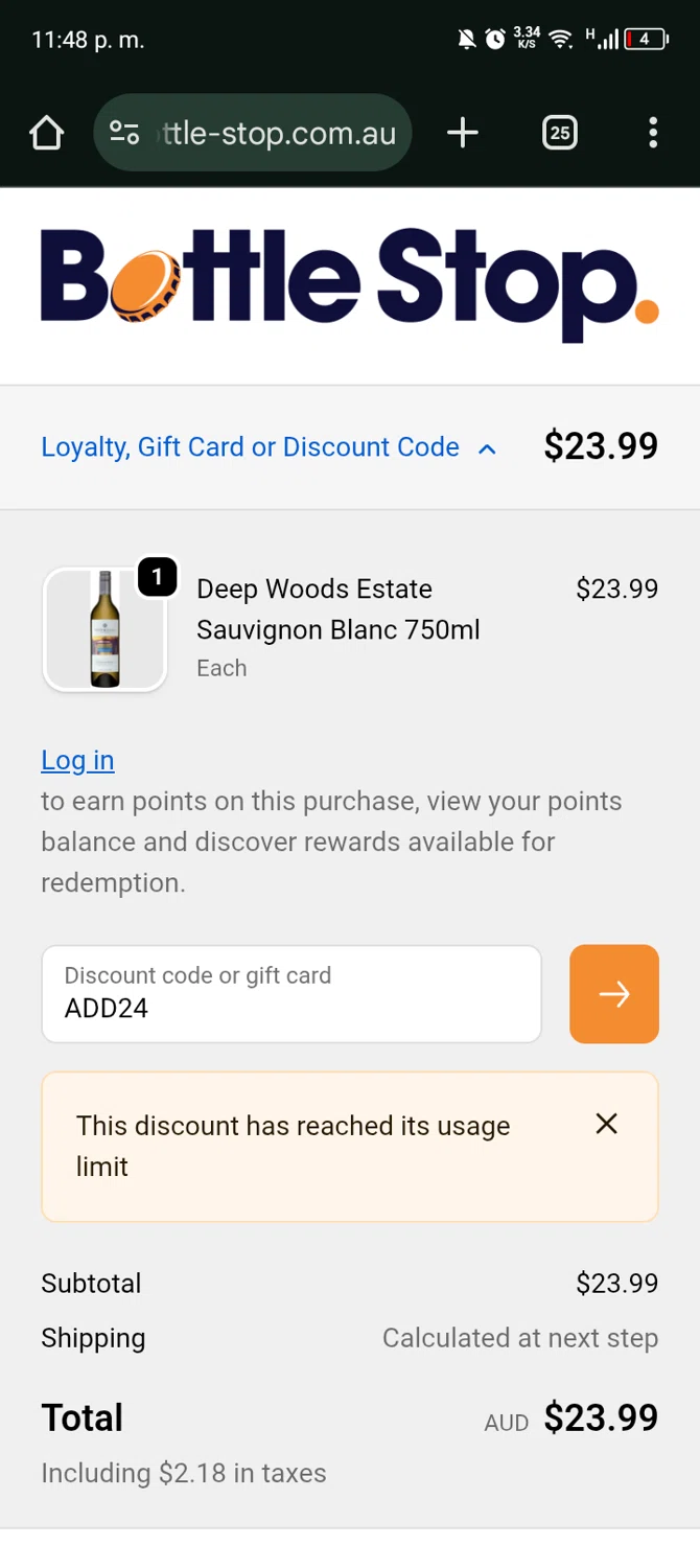 Bottle Stop promo code screenshot showing code ADD24 applied at Bottle Stop checkout page. Uploaded by SimplyCodes community member Bernado on Jan 6, 2026
